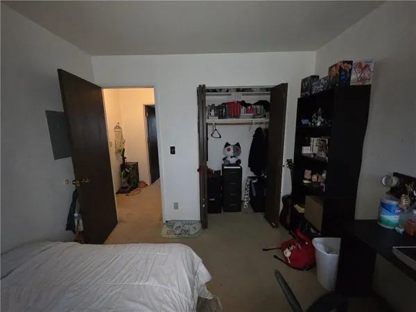 a bedroom with a bed and a closet