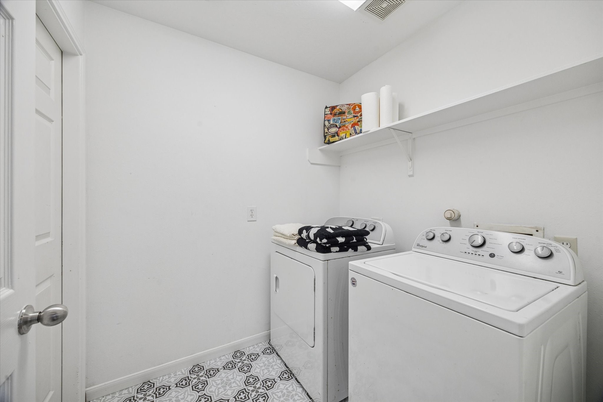 14102 Kinsbourne Lane Houston, TX 77014 - Photo 12 of 13 The in-house laundry room is adjacent to the garage and holds side by side washer and dryer with a storage shelf above. Gas or electric dryers will work. New vinyl tile is consistent with kitchen and powder room.