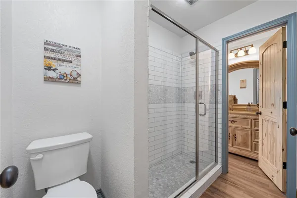 a bathroom with a toilet and a shower