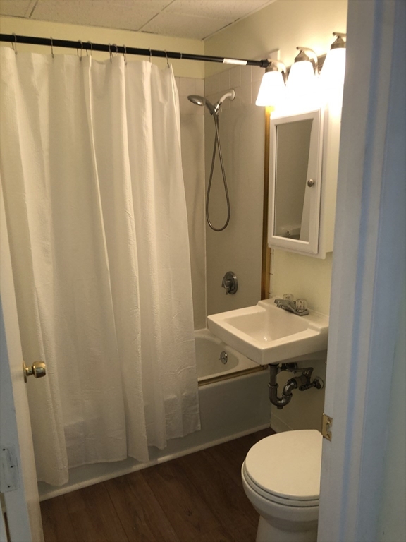 6 Rowley Street, Unit 1R Boston, MA 02122 - Photo 6 of 9 a bathroom with a sink a toilet a mirror and shower curtain