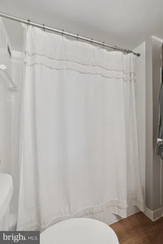 a bathroom with a shower curtain and a toilet