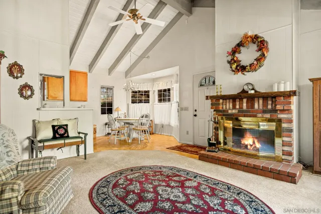 a living room with fireplace furniture and a fireplace