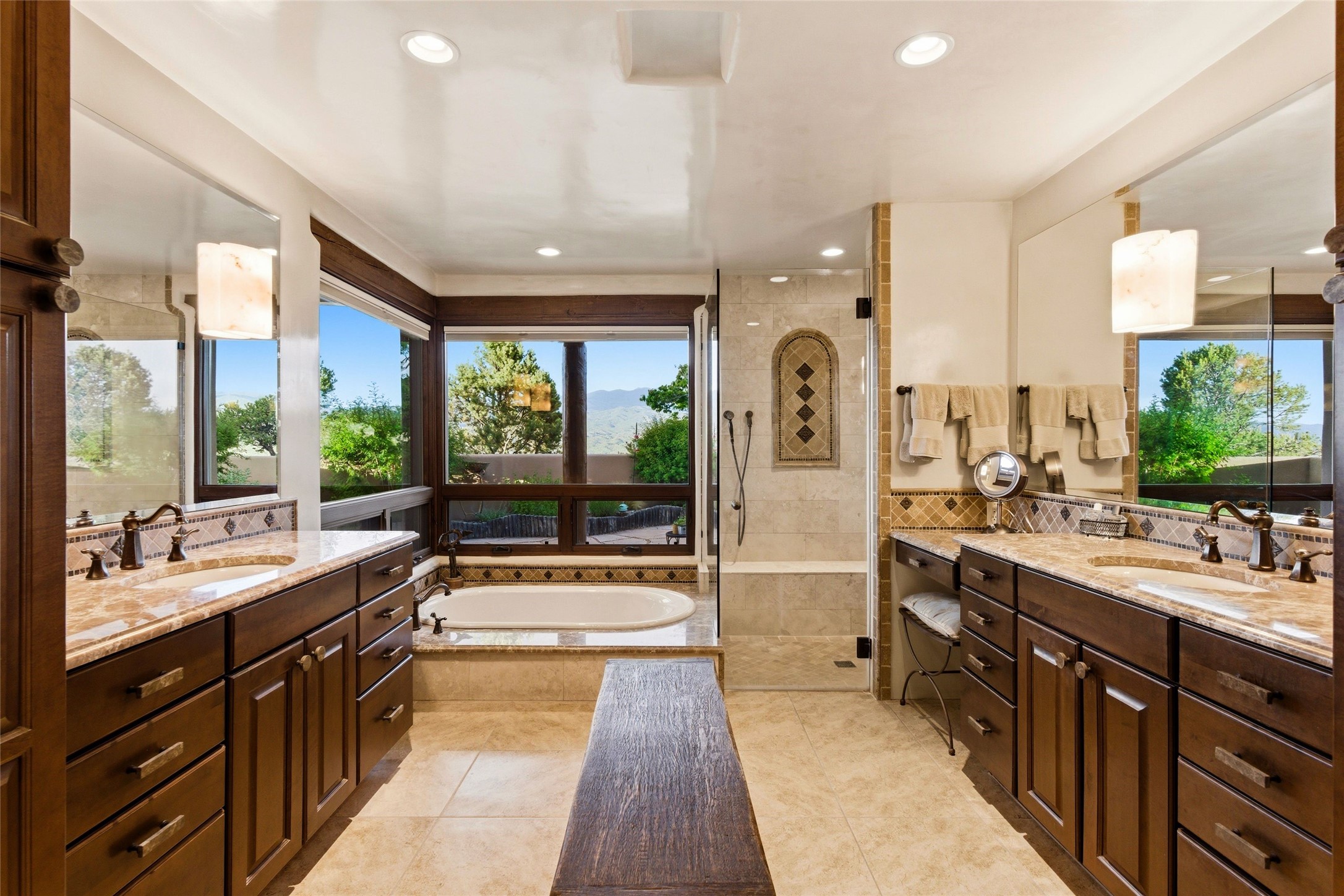 42 San Juan Ranch Road Santa Fe, NM 87506 - Photo 22 of 49 Primary Bath with Double Vanities, Walk-in Shower & Soaking Tub