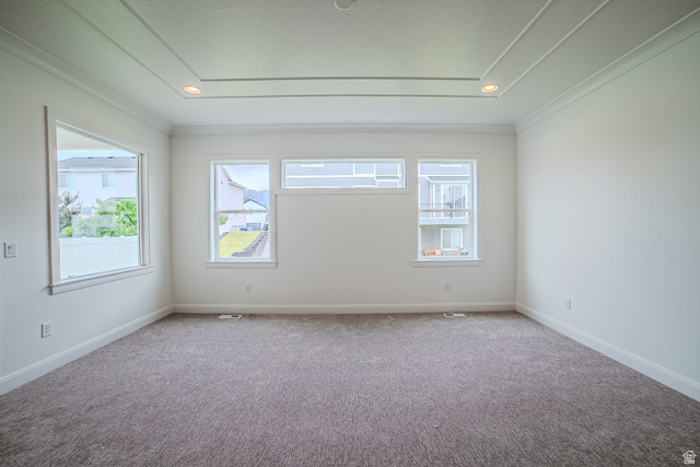 223 South Cottonwood Road, Unit 7501 Vineyard, UT 84059 - Photo 32 of 45 Spacious room with tray ceiling, recessed lighting, white walls, multiple windows, and neutral carpet
