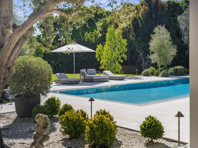 a view of a patio with table and chairs and potted plants