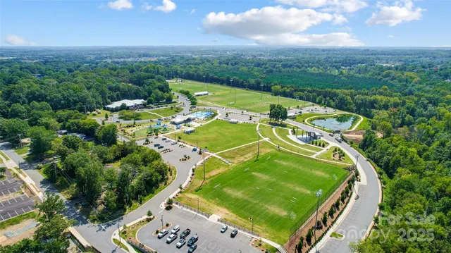an aerial view of a pool