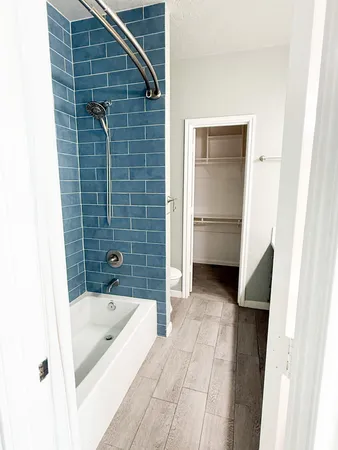 a bathroom with a bathtub and a shower