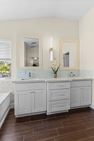 a bathroom with a tub a potted plant on the counter and a potted plant