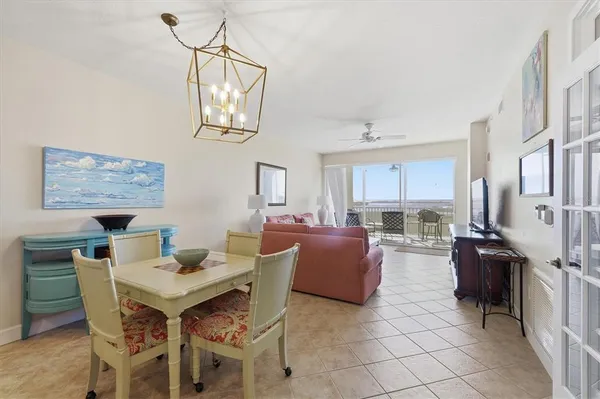 a view of a dining room with furniture