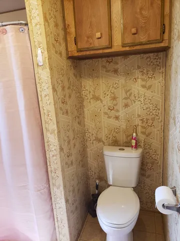 a bathroom with a toilet and a shower