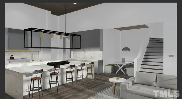 a kitchen with stainless steel appliances kitchen island a table chairs in it and wooden floors