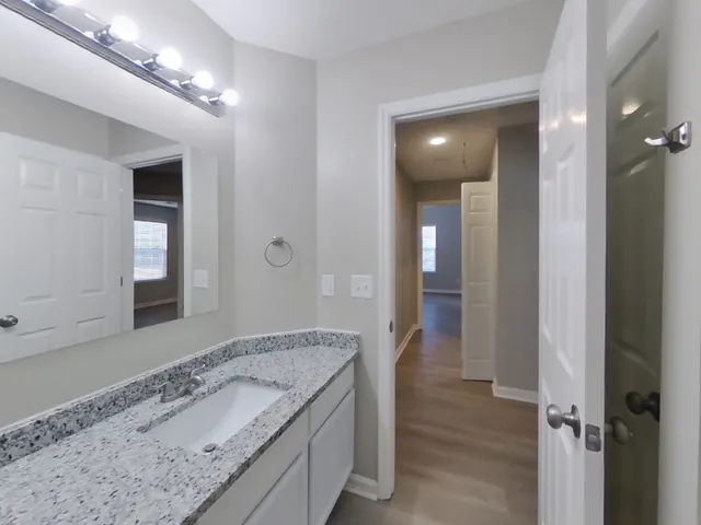 a bathroom with a sink and a mirror