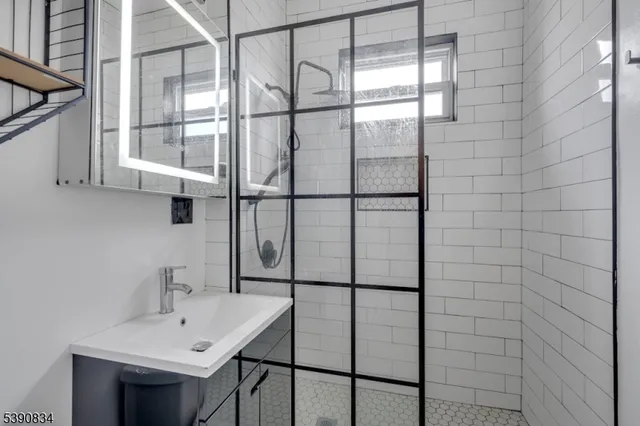 a bathroom with a shower and a sink