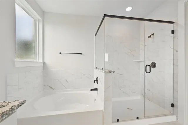 a bathroom with a bathtub and a shower