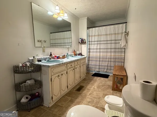 a bathroom with a sink toilet vanity and shower