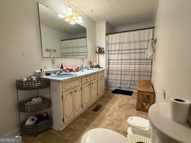 a bathroom with a sink toilet vanity and shower