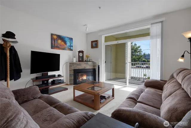 a living room with furniture a flat screen tv and a fireplace