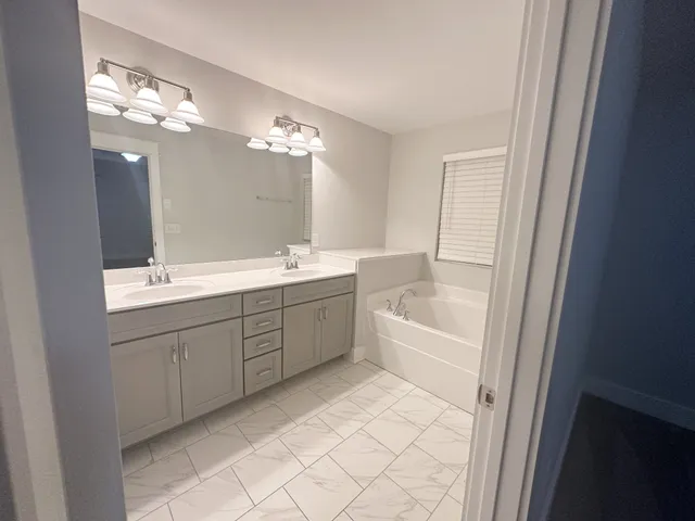 a bathroom with a double vanity sink mirror and bathtub