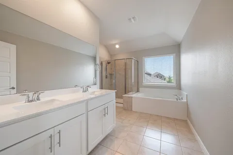 a bathroom with a tub sink and mirror