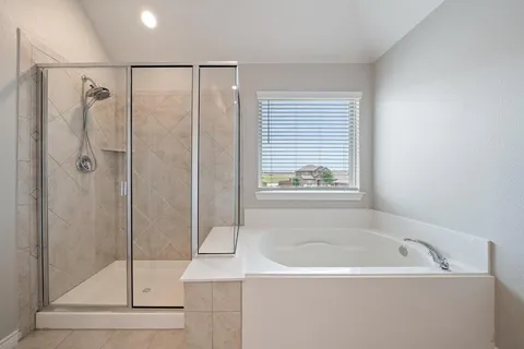a bathroom with a bathtub and a shower