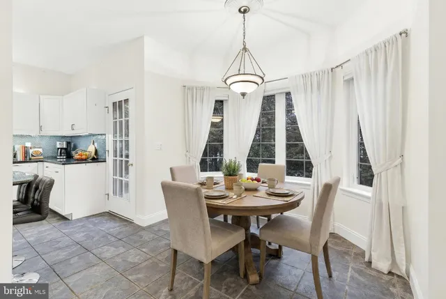 a view of a dining room with furniture window and outside view