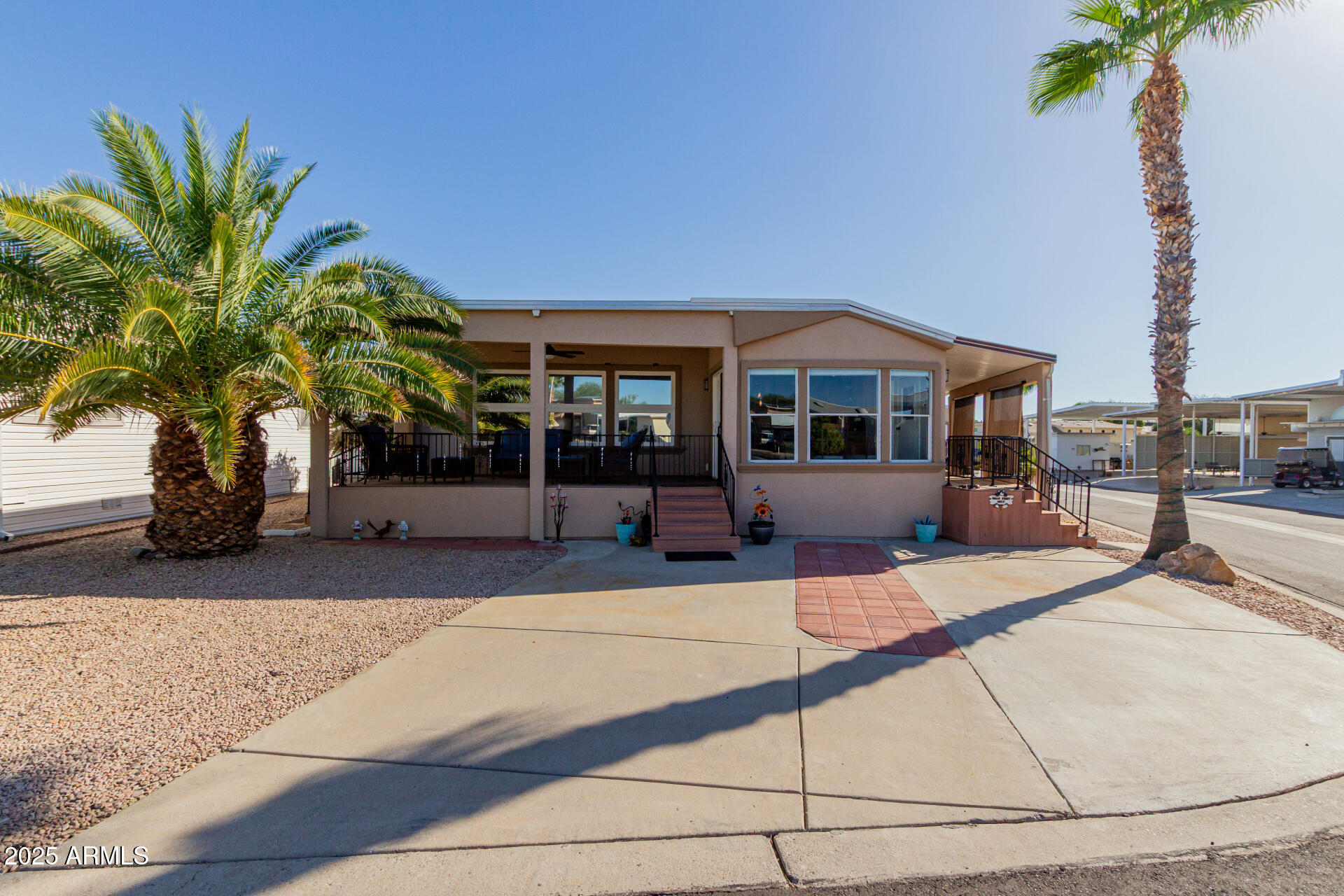 a building exterior with furniture