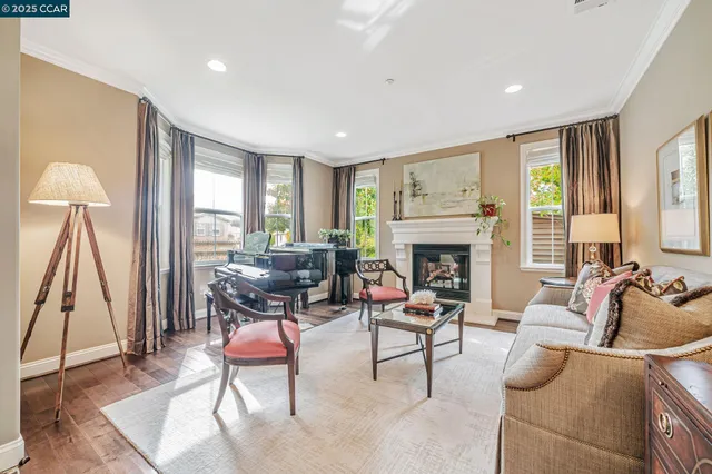 a living room with furniture a rug and a window
