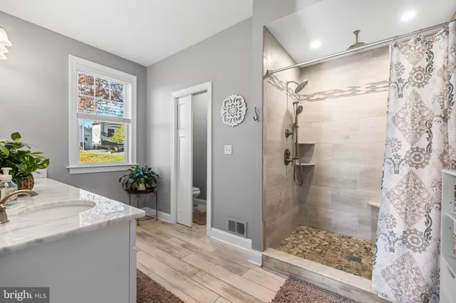 a bathroom with a granite countertop shower a sink and mirror