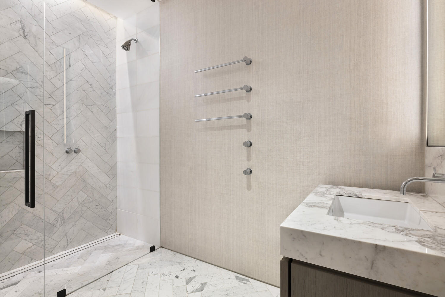 25 Mercer Street, Unit PH Manhattan, NY 10013 - Photo 16 of 20 a bathroom with a granite countertop sink and shower