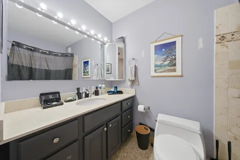 a bathroom with a sink a toilet a mirror and shower