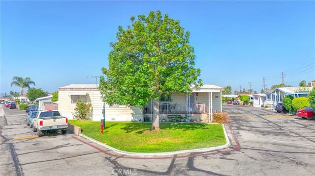 a view of a backyard with plants and outdoor seating