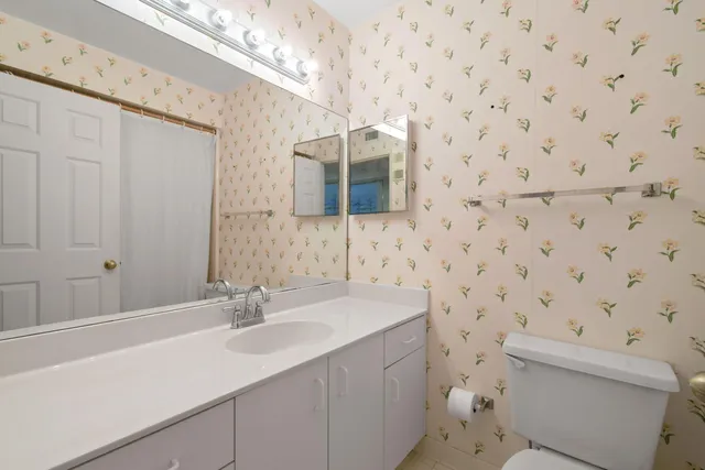 a bathroom with a sink a toilet and a mirror