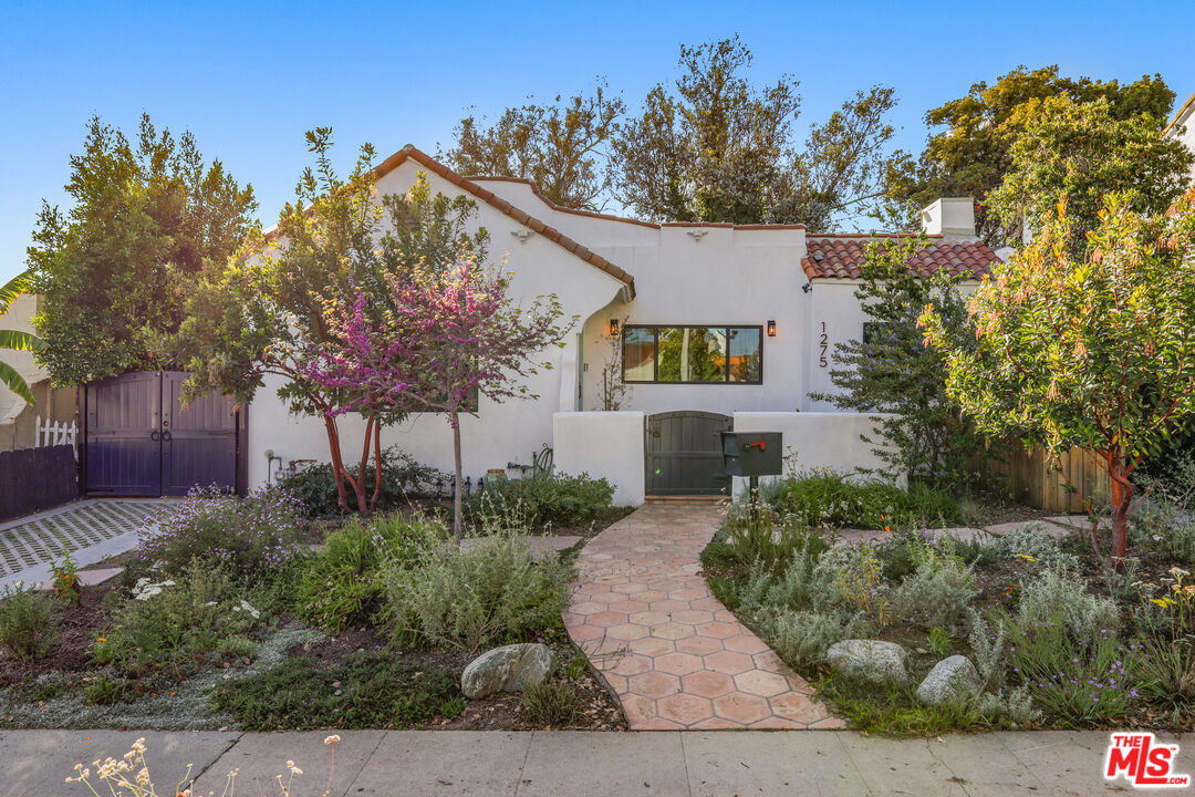 a view of a house with a yard and potted plants