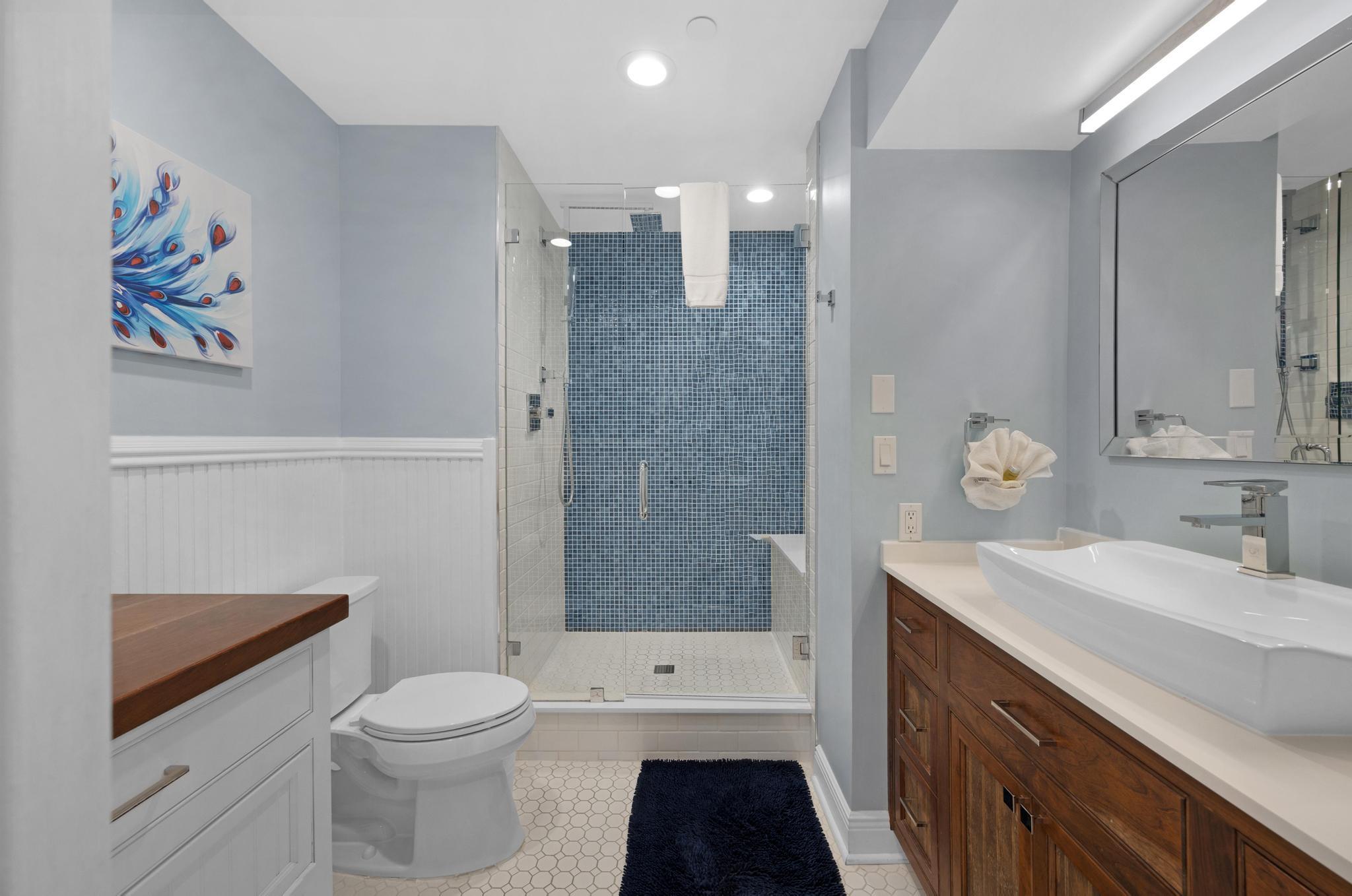 115 Front Street, Unit 301 Key West, FL 33040 - Photo 36 of 52 a bathroom with a sink a toilet a shower and a mirror