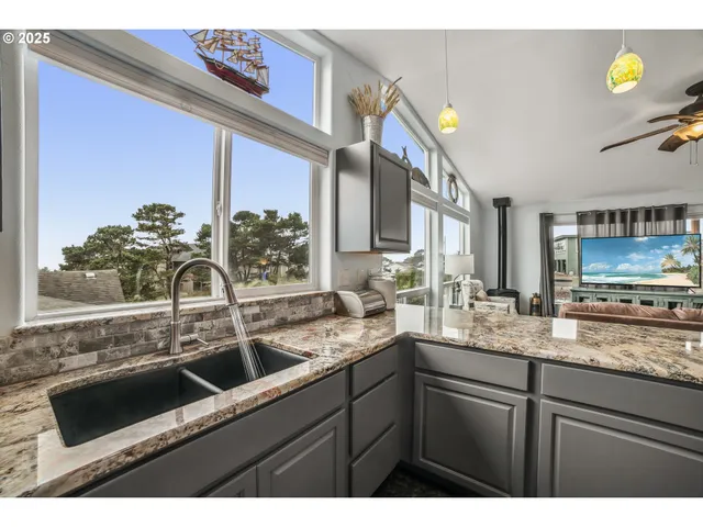 a kitchen with a sink and a potted plant