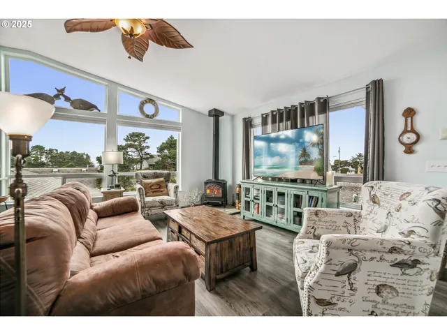 a living room with furniture and a large window