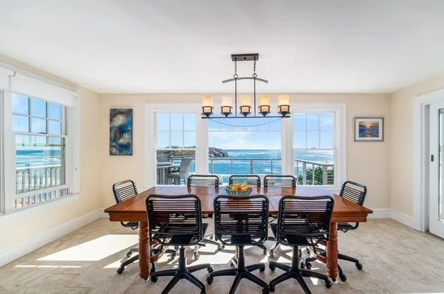 a view of a dining room with furniture window and outside view