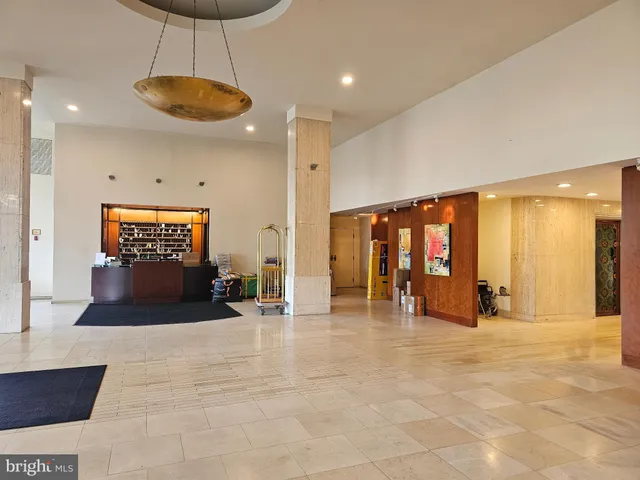 a view of a lobby with a chandelier