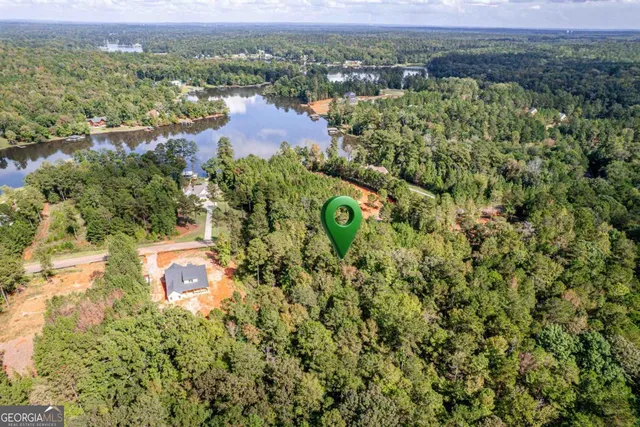 an aerial view of residential houses with outdoor space and trees