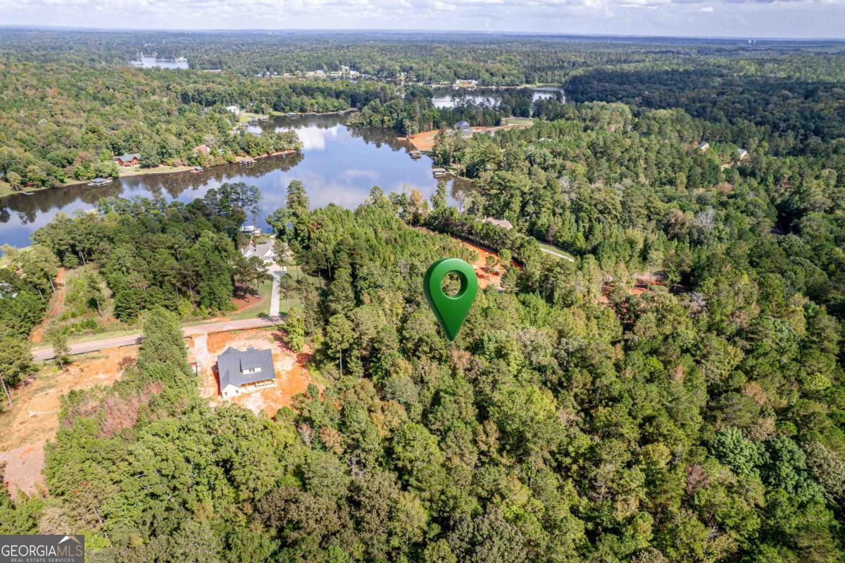 an aerial view of residential houses with outdoor space and trees