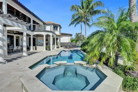 an aerial view of lake residential house with swimming pool and outdoor space