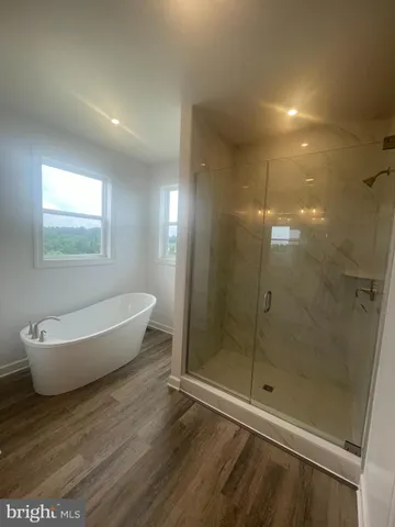 a bathroom with a bathtub and shower