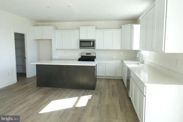 a kitchen with stainless steel appliances a sink a stove a refrigerator cabinets and a window