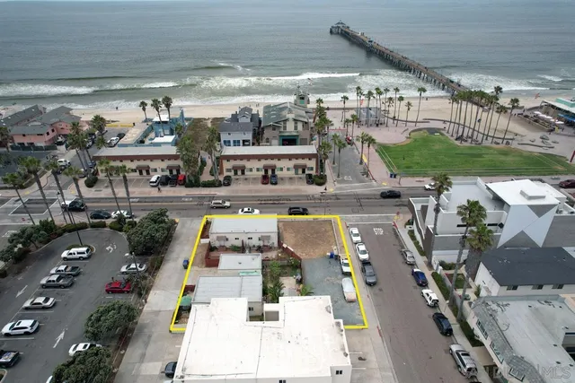 an aerial view of a swimming pool
