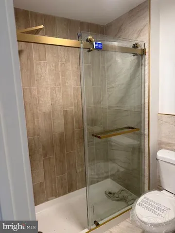 a bathroom with a shower and a toilet