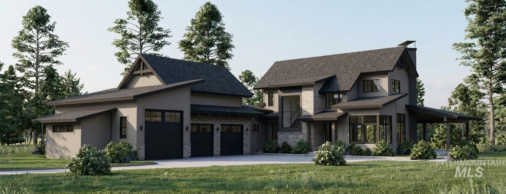 33 River Fork Ranch Lane McCall, ID 83638 - Photo 3 of 5 Modern exterior with a stone and stucco finish, multiple gables, a three-car garage, and a covered entry