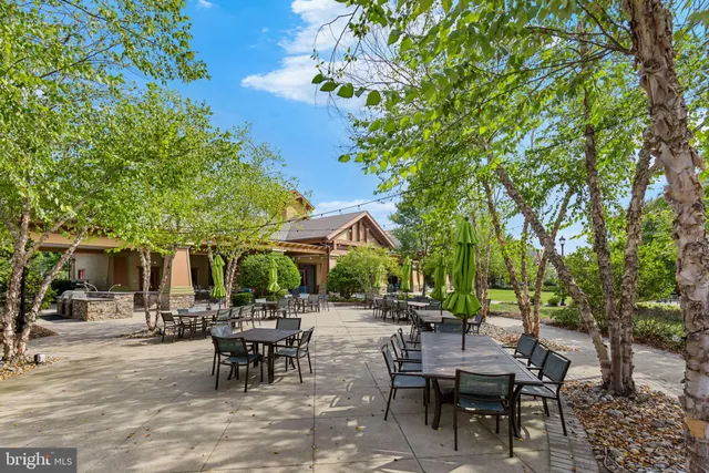 an outdoor space with seating area