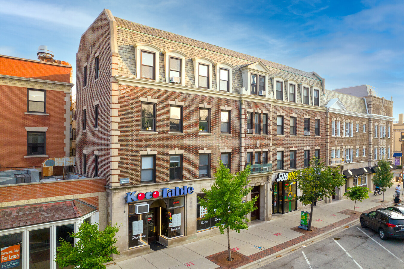 a front view of a multi story building