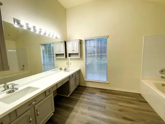 a bathroom with a double vanity sink a large mirror and a bathtub