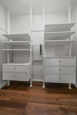 a view of walk in closet with empty racks